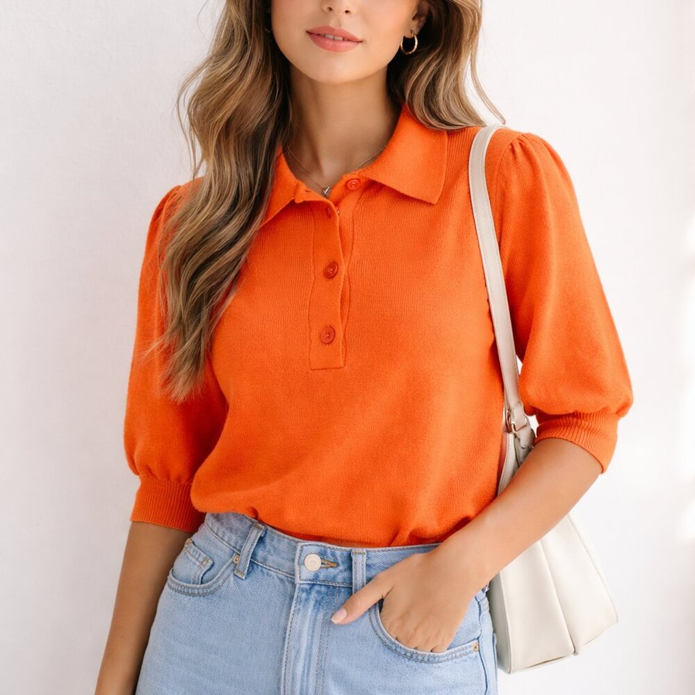 Bright Orange Knit Polo Sweater Puff Sleeve Collared Top Size S